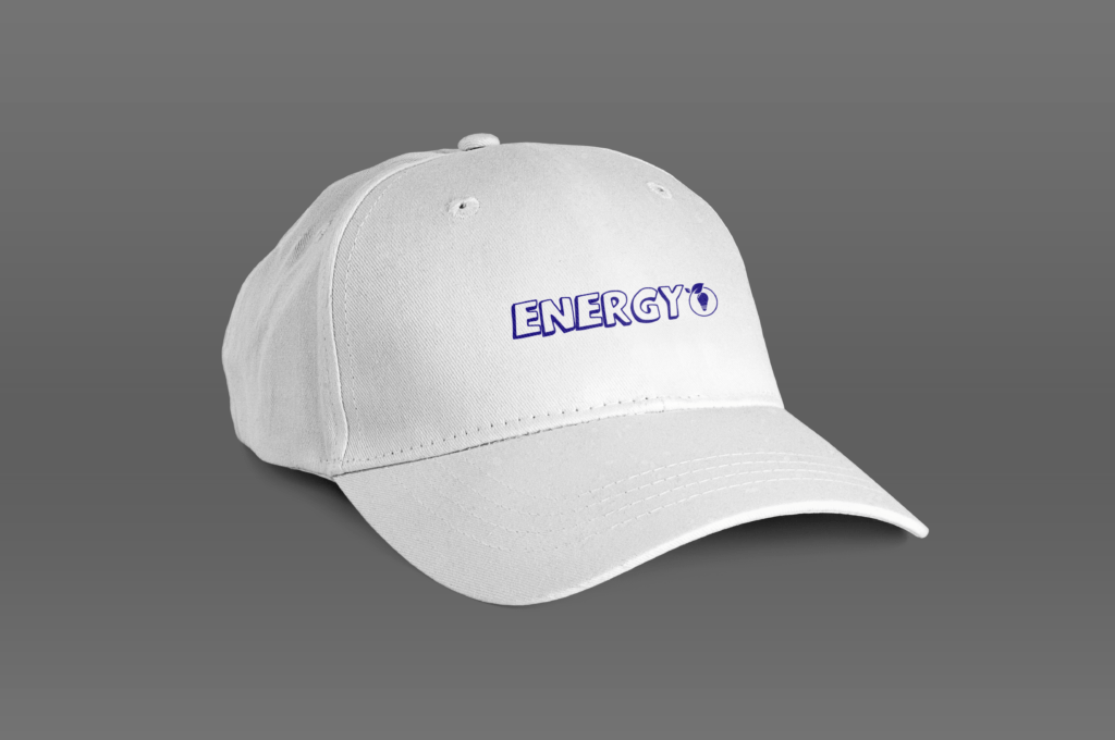 A white cap that says, "energy!"