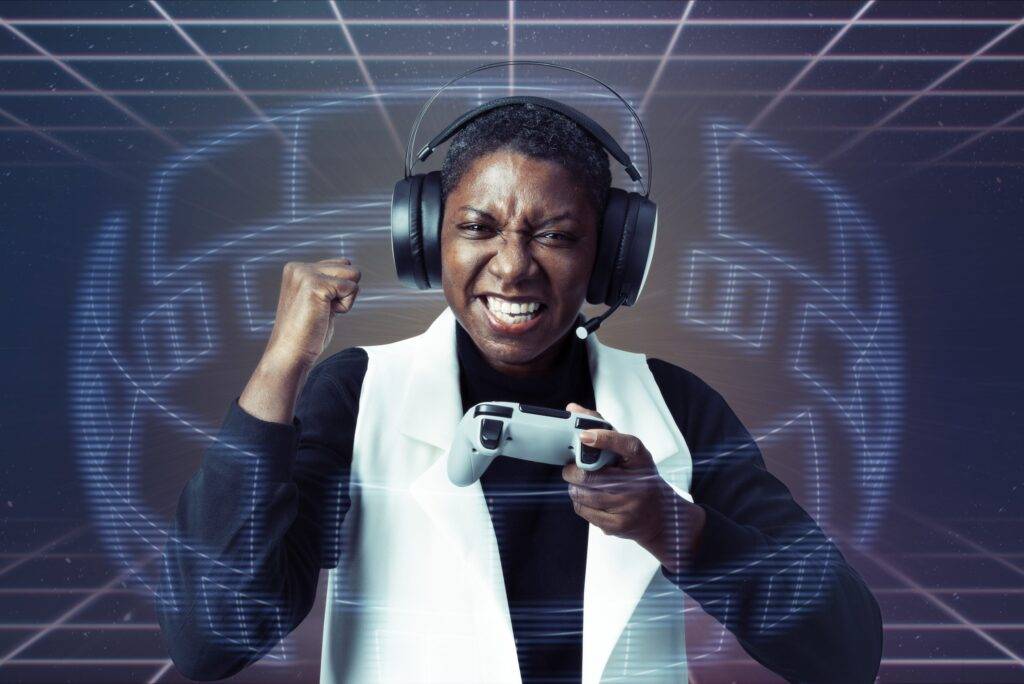 Woman wearing virtual reality headset playing video games