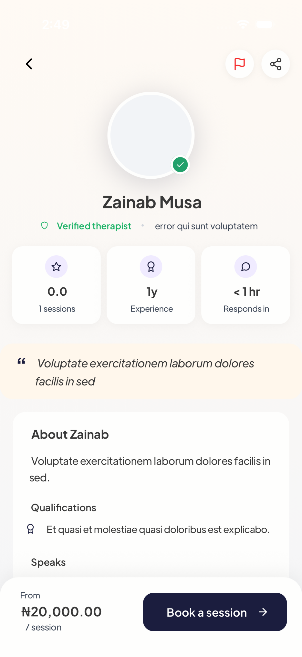 Therapist profile on Mytherapist.ng showing verified badge, experience, qualifications and Book a session button