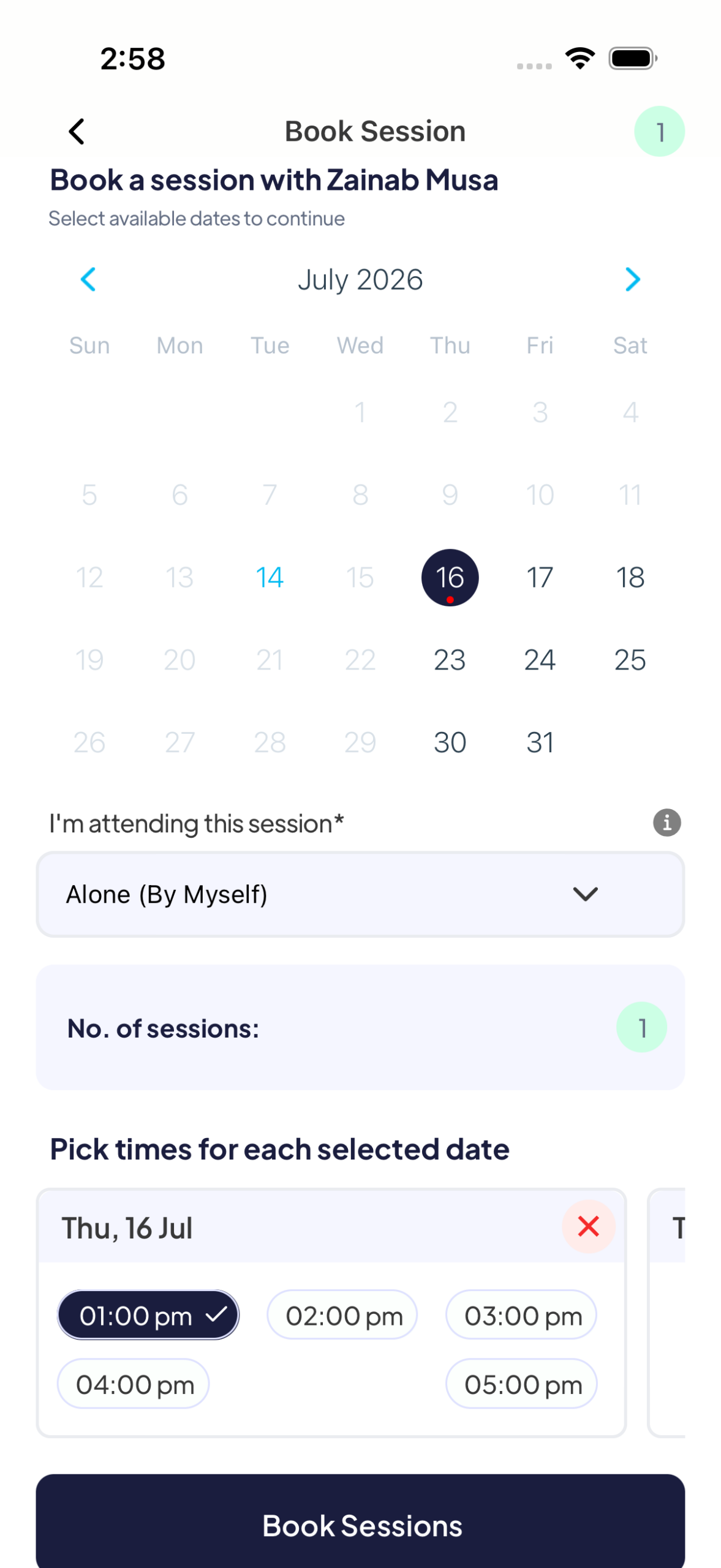 Selecting a date and time slot to book an online therapy session on Mytherapist.ng