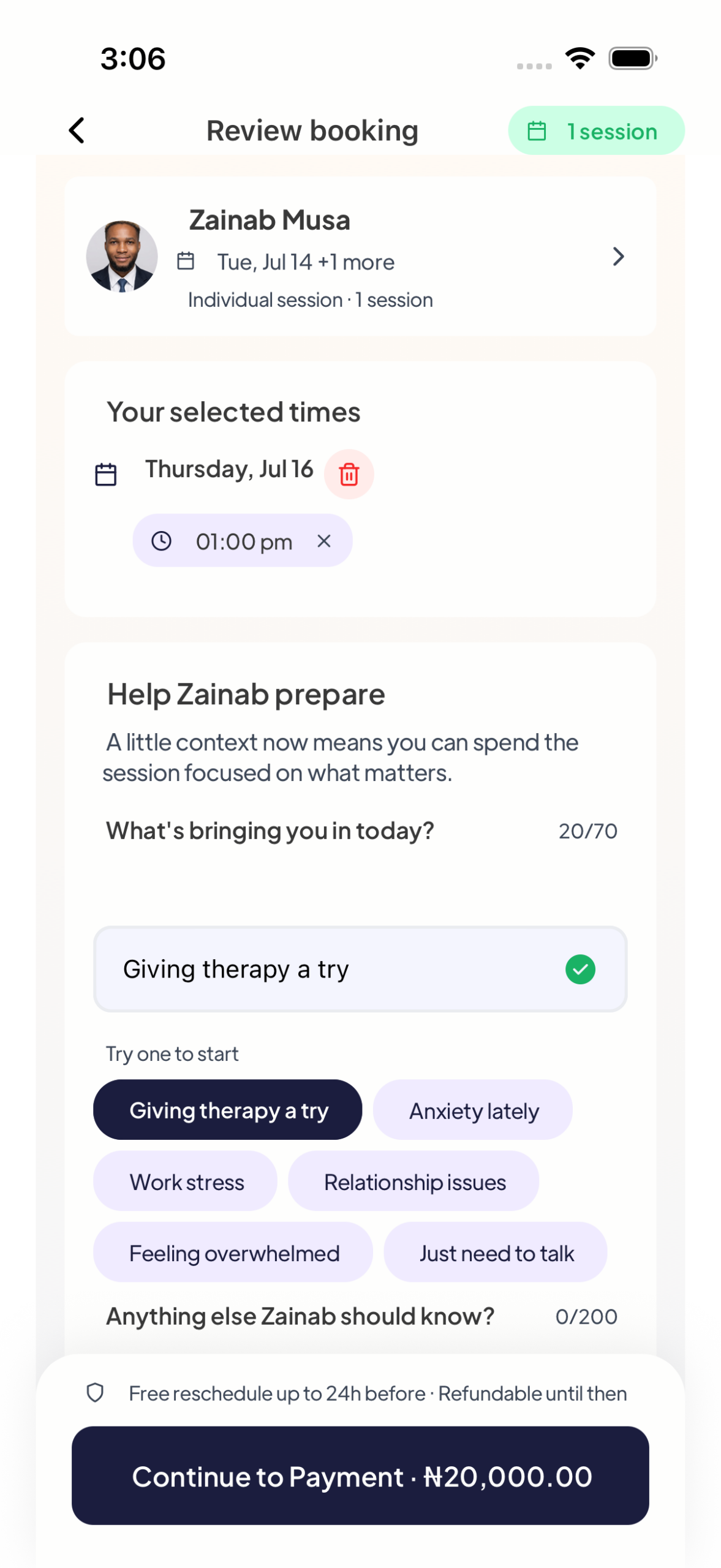 Review booking screen on Mytherapist.ng where you share why you're booking a therapy session