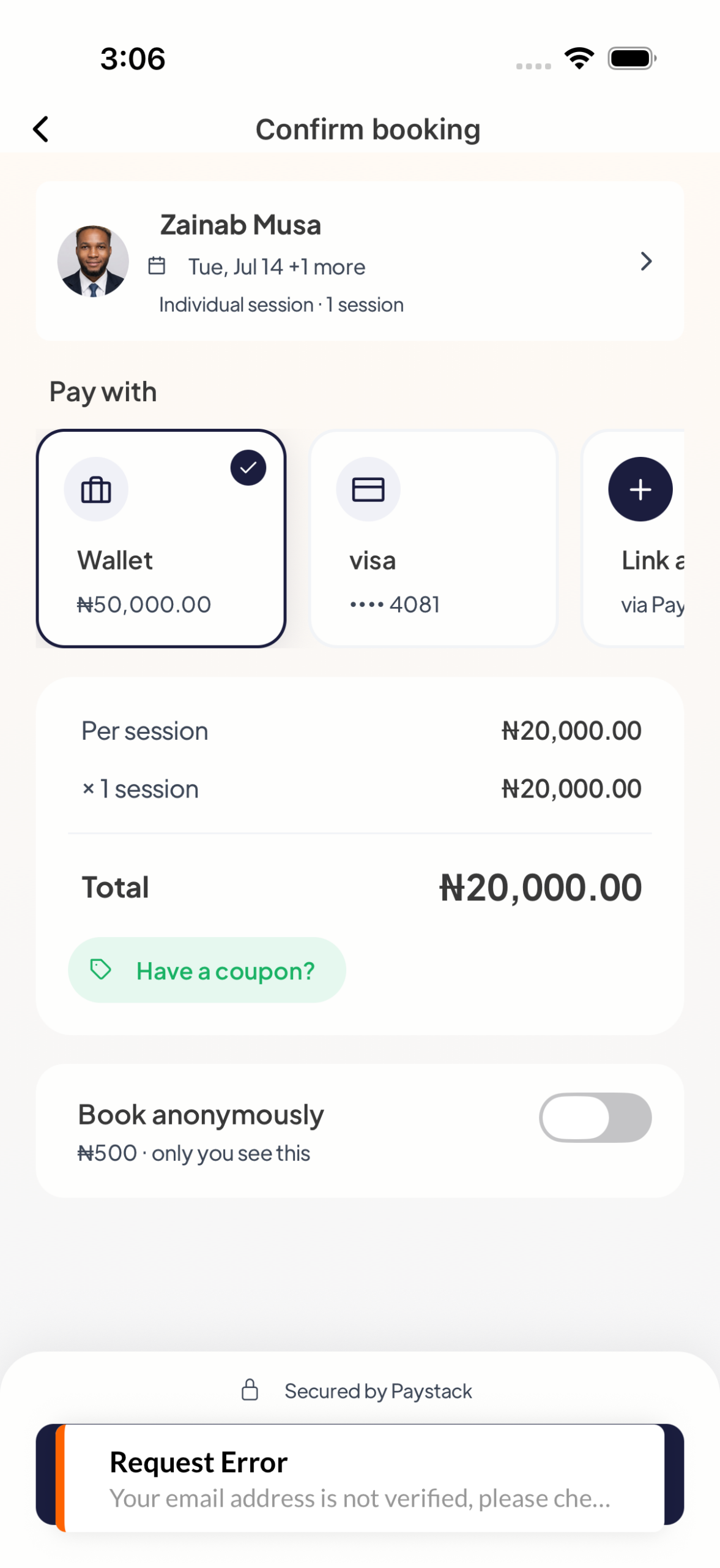Secure checkout on Mytherapist.ng showing wallet and card payment options for an online therapy session