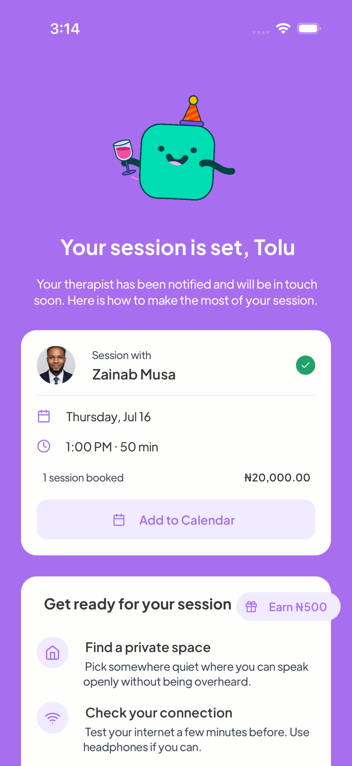 Booking confirmation screen on Mytherapist.ng showing the scheduled online therapy session details