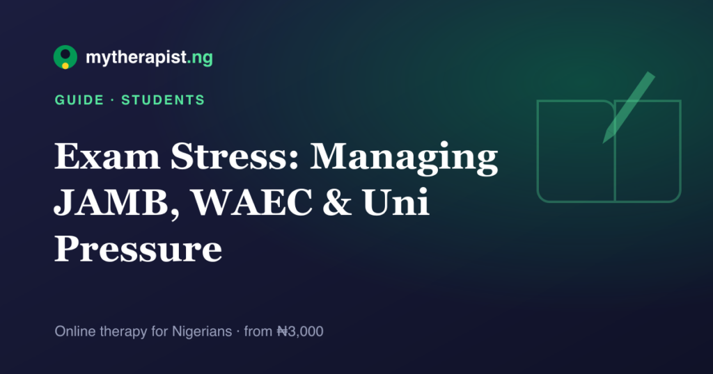 A book and pencil illustration representing managing exam stress — Mytherapist.ng