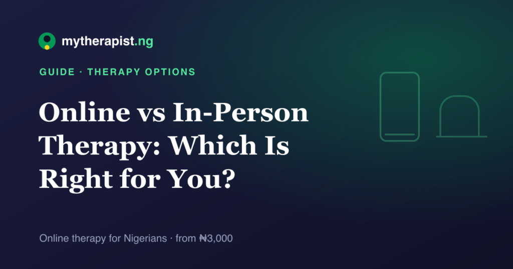 An illustration comparing a phone and a chair, representing online versus in-person therapy — Mytherapist.ng