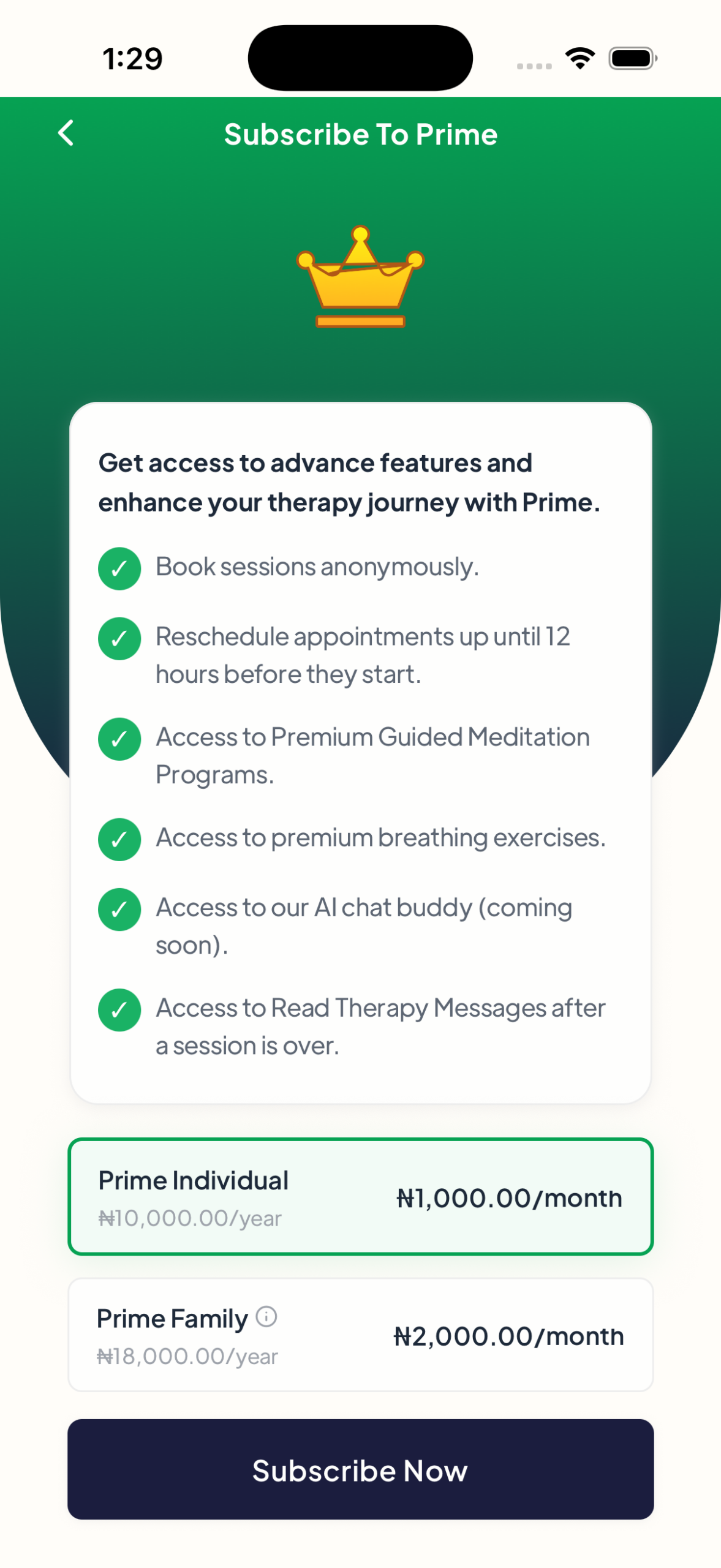 Subscribe to Prime screen on the Mytherapist.ng app showing membership benefits and Individual and Family plan pricing