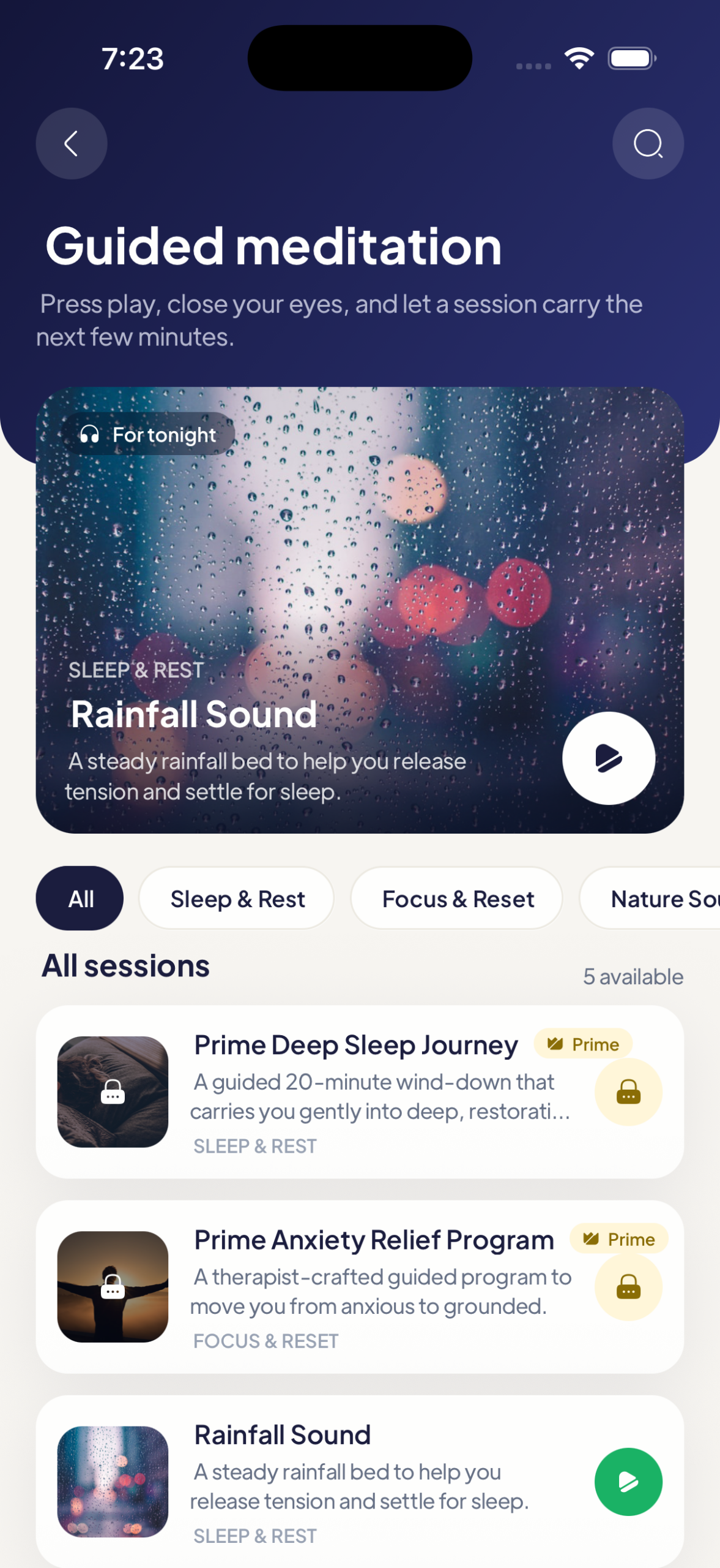 Guided Meditation library on Mytherapist.ng showing premium sessions marked with a Prime lock badge alongside free sessions