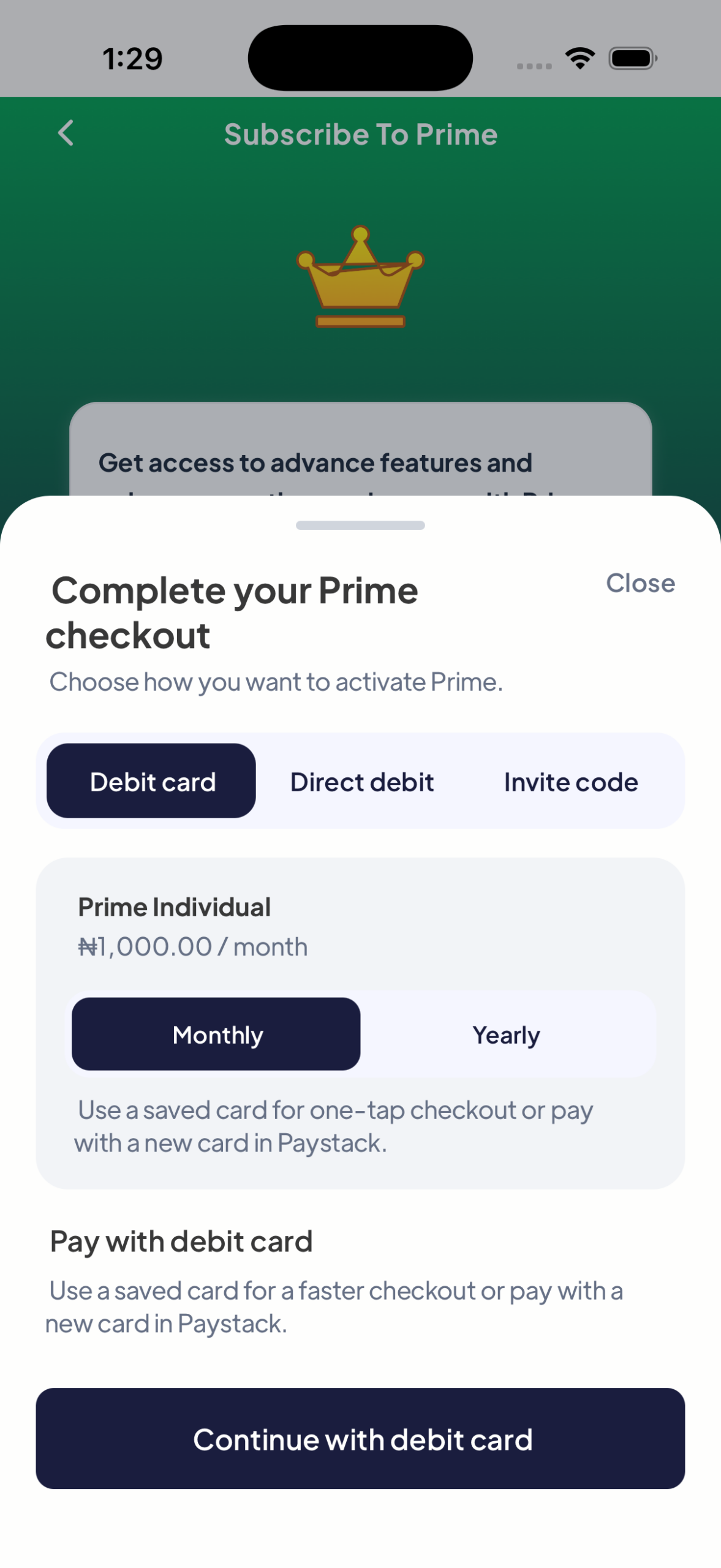 Prime checkout sheet on Mytherapist.ng with debit card, direct debit, and invite code payment options