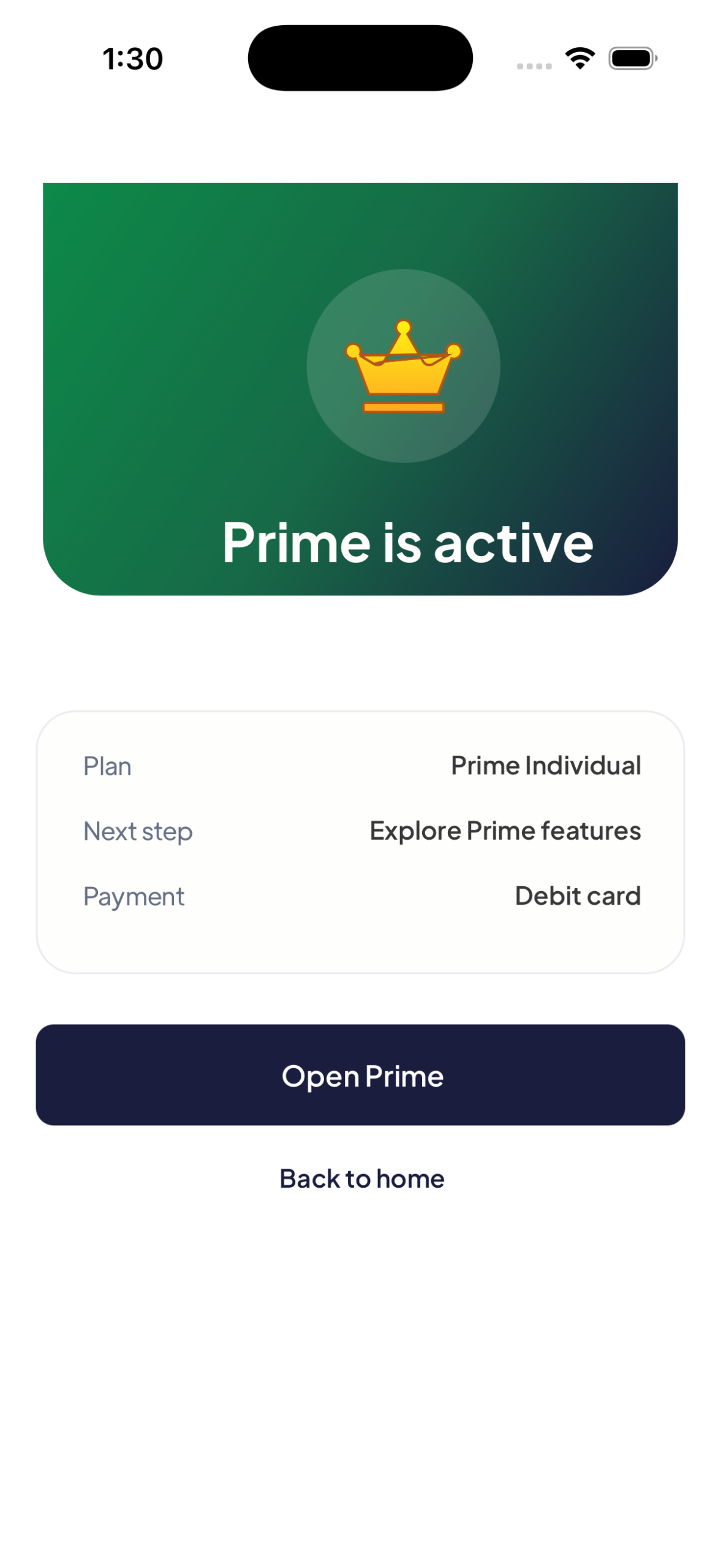 Prime is active confirmation screen on Mytherapist.ng showing the plan and payment summary