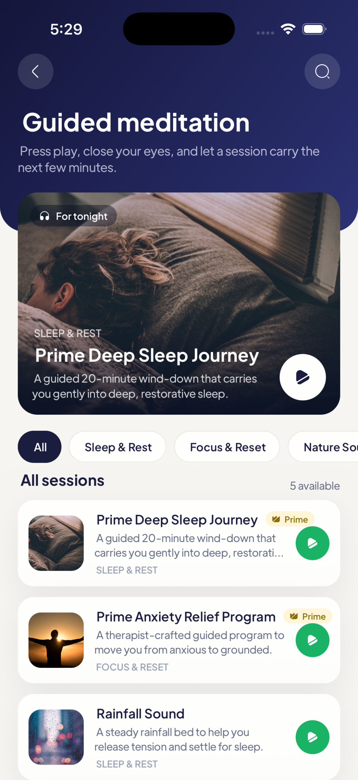 Guided Meditation library after subscribing to Mytherapist.ng Prime with premium sessions unlocked and playable