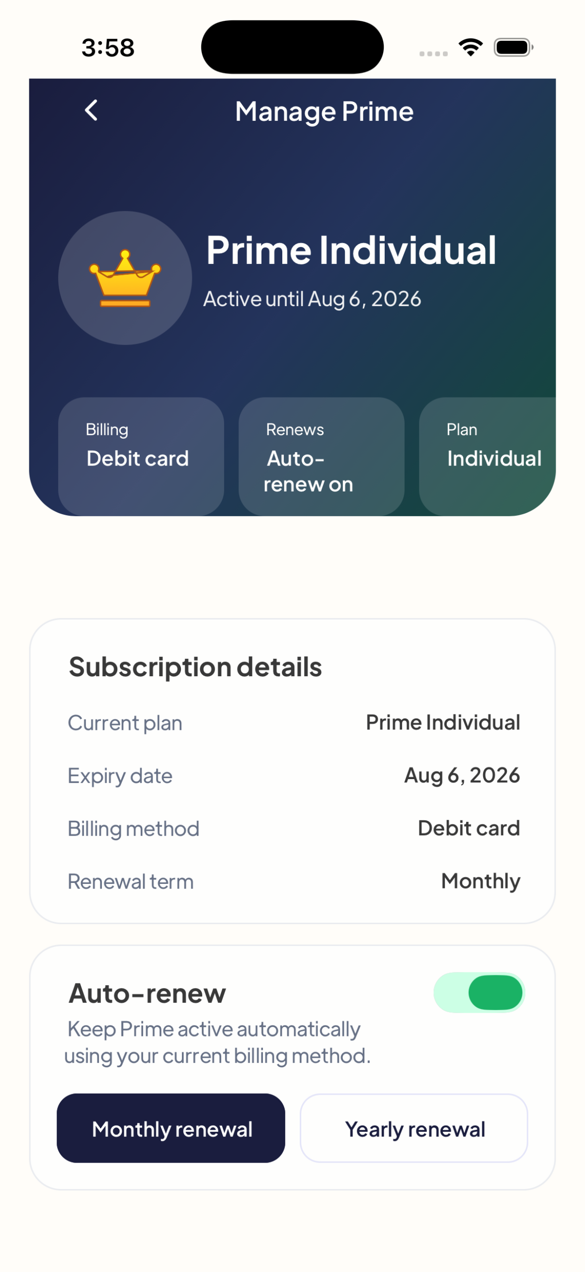 Manage Prime screen on Mytherapist.ng showing subscription details, auto-renew toggle, and renewal term options