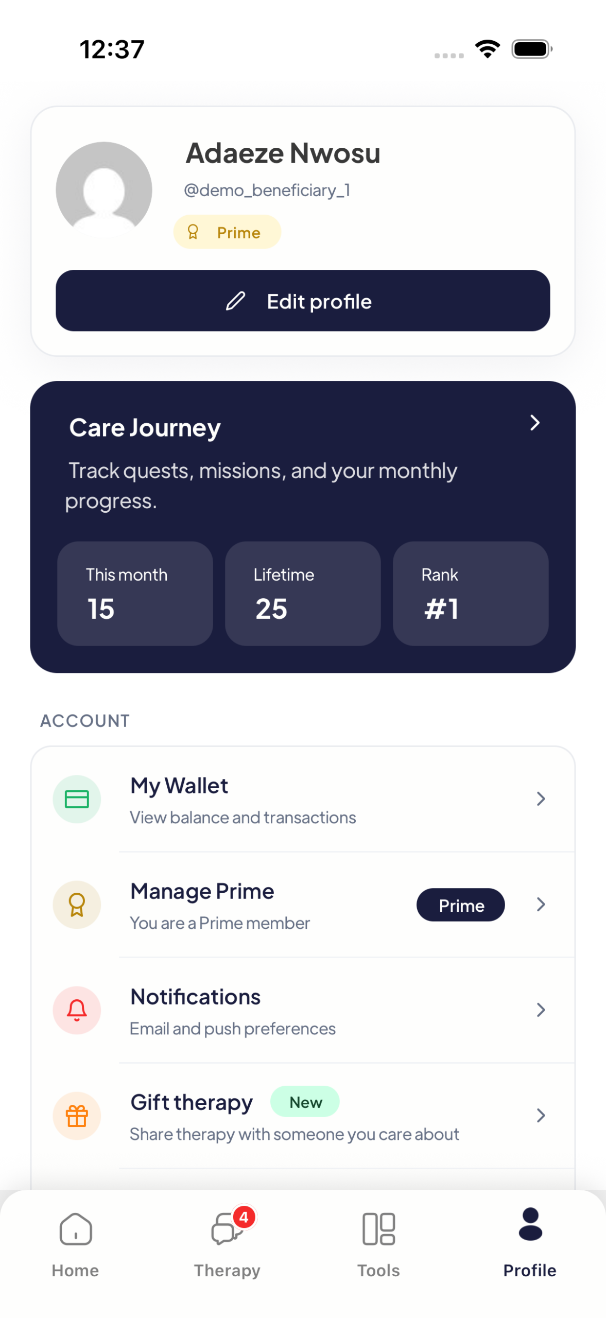 Mytherapist.ng profile screen showing the Prime badge and the Manage Prime menu row for an active member
