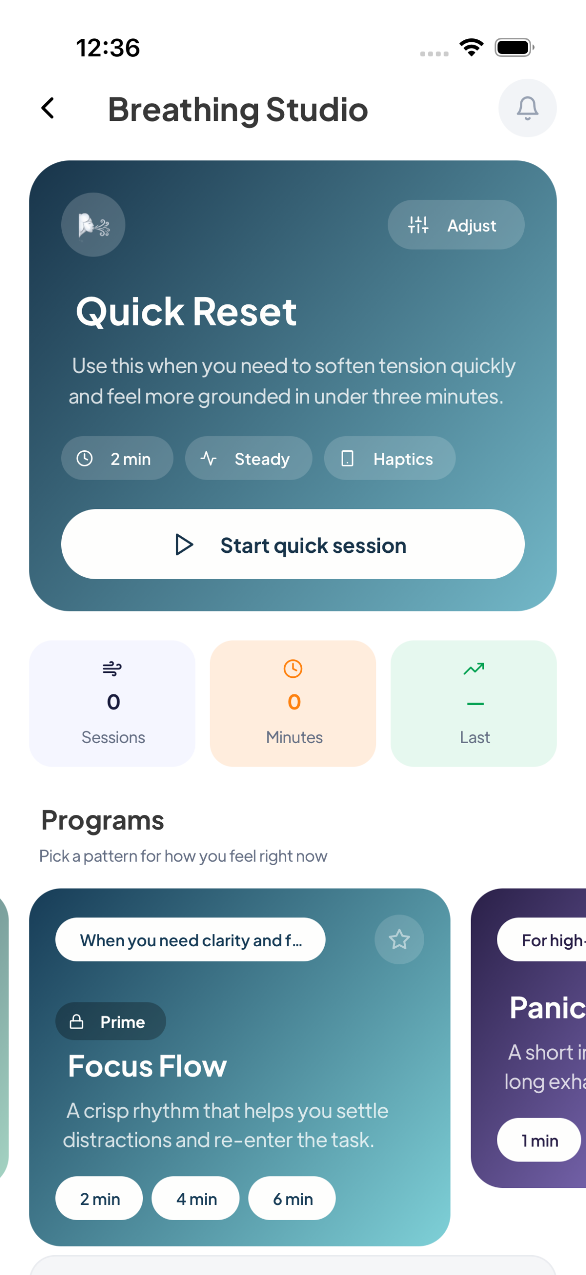 Breathing Studio on Mytherapist.ng with the premium Focus Flow program showing a Prime lock badge