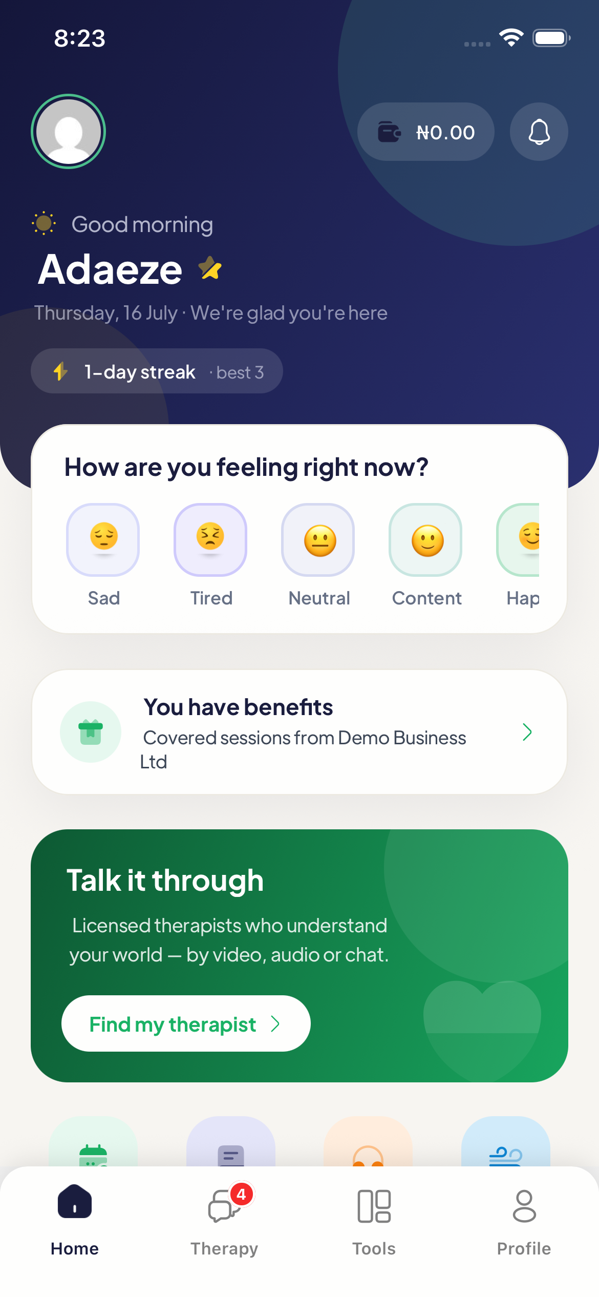 Mytherapist.ng home screen showing the 'You have benefits — Covered sessions from Demo Business Ltd' card