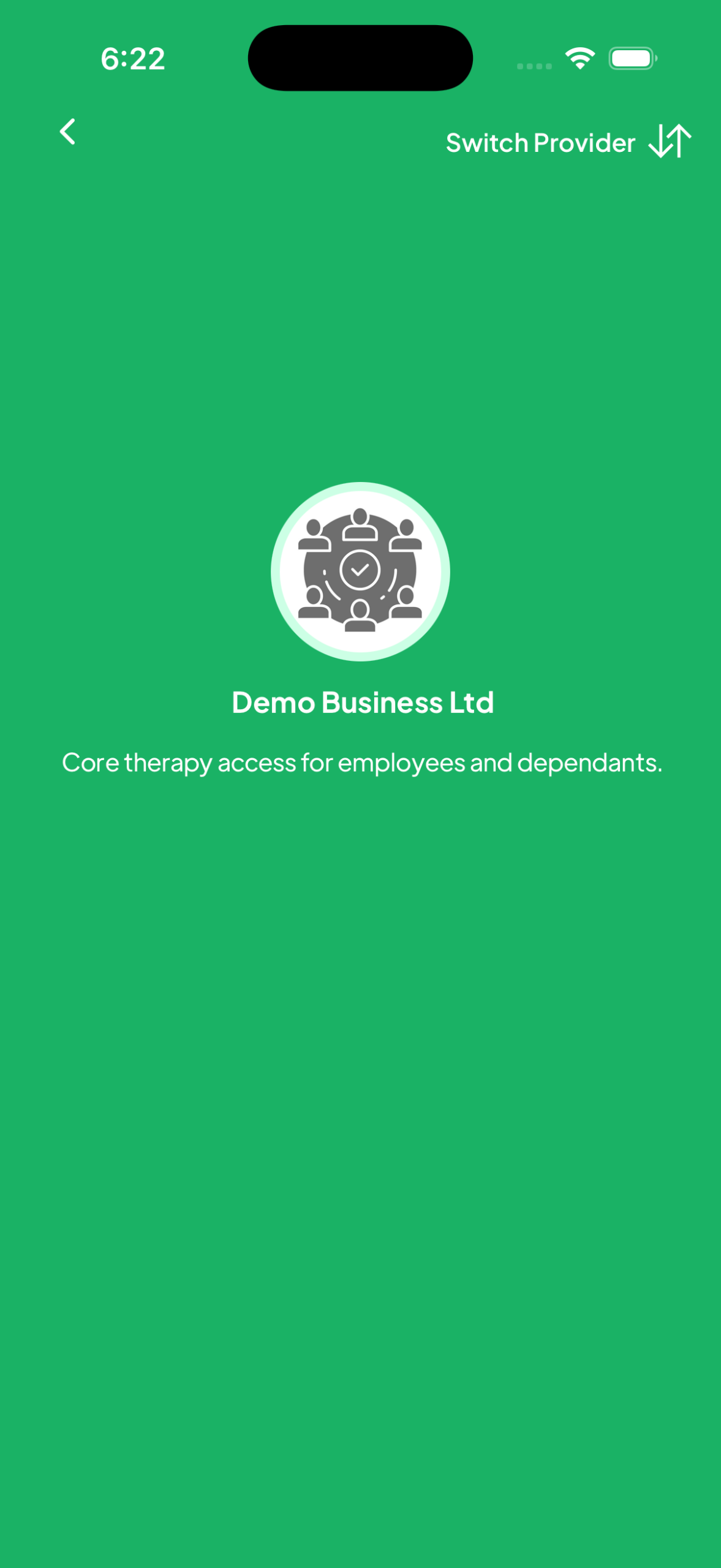 Benefits/Provider screen showing Demo Business Ltd and the coverage description, with Switch Provider