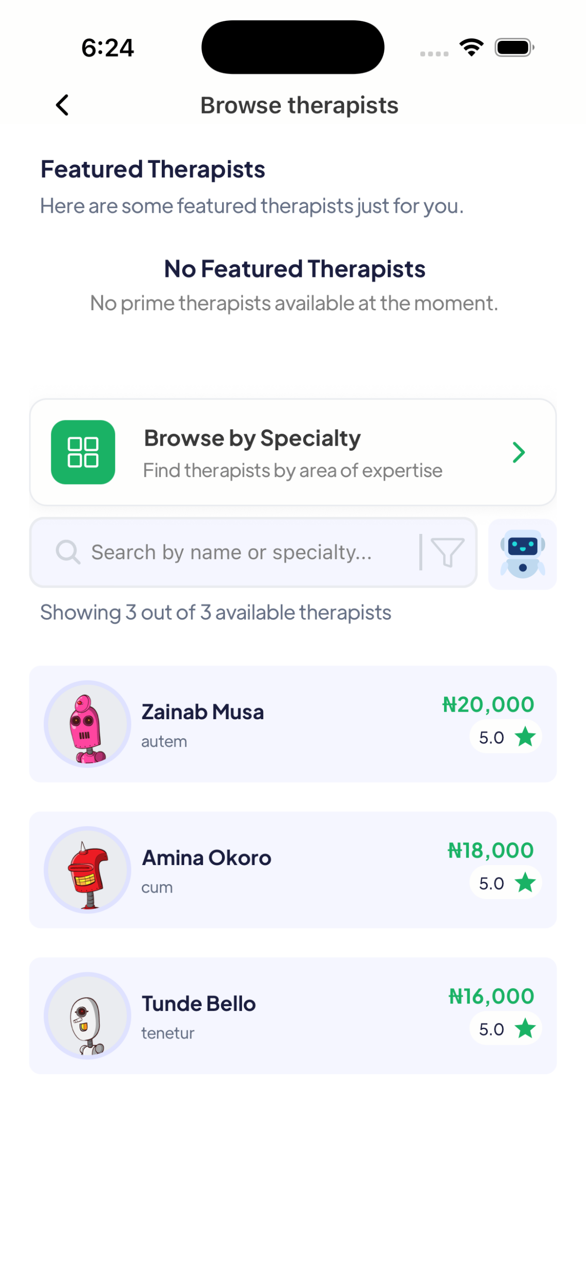 Browse therapists list showing the three in-plan therapists with rates and ratings