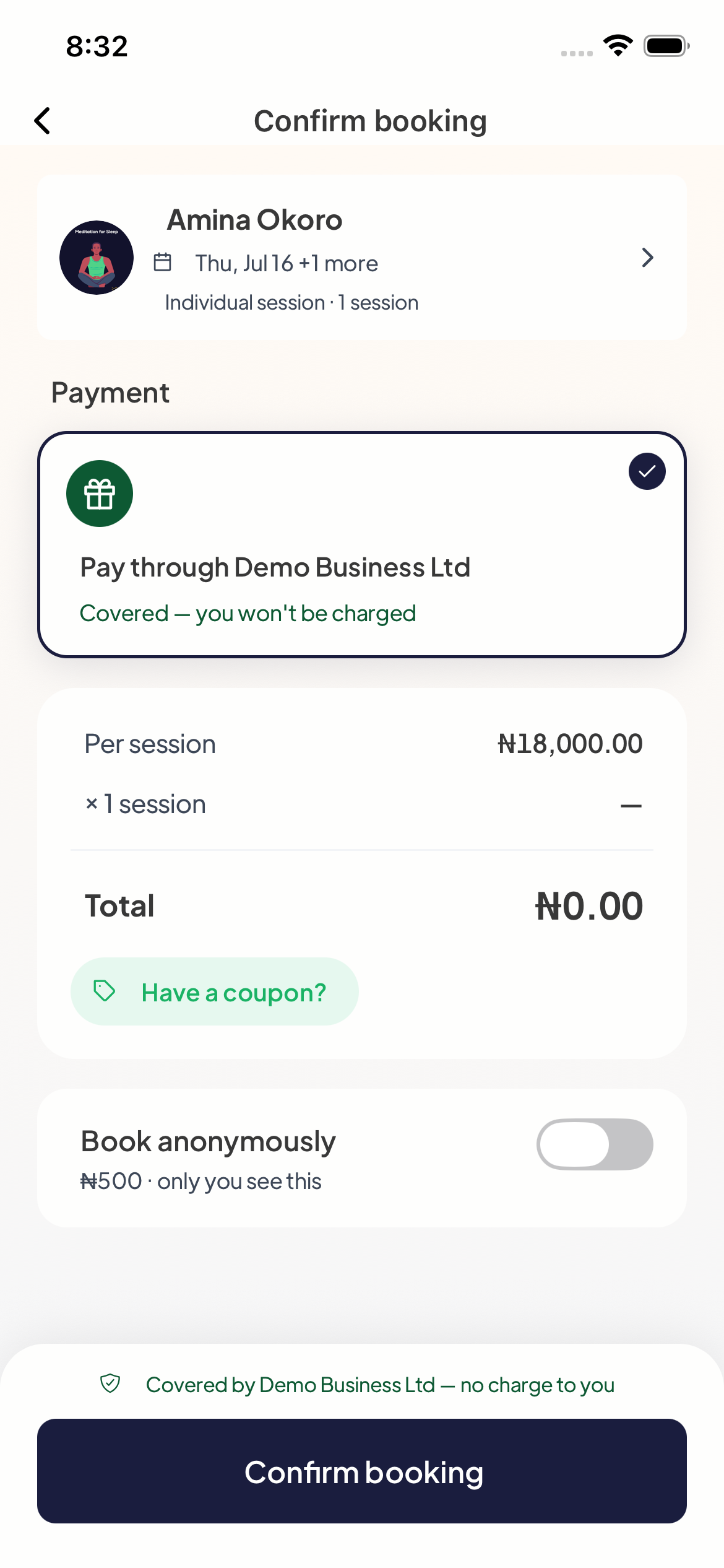Confirm booking screen showing 'Pay through Demo Business Ltd — Covered, you won't be charged', a ₦0.00 total and a Confirm booking button