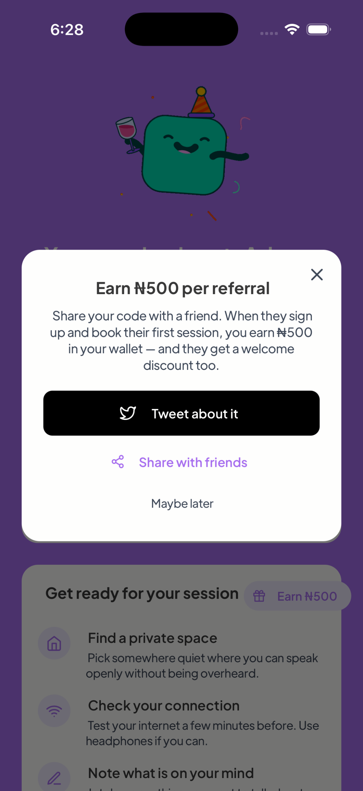 Booking success screen: 'Your session is set, Adaeze' with the session details for Amina Okoro on Saturday Jun 27 at 1:00 PM