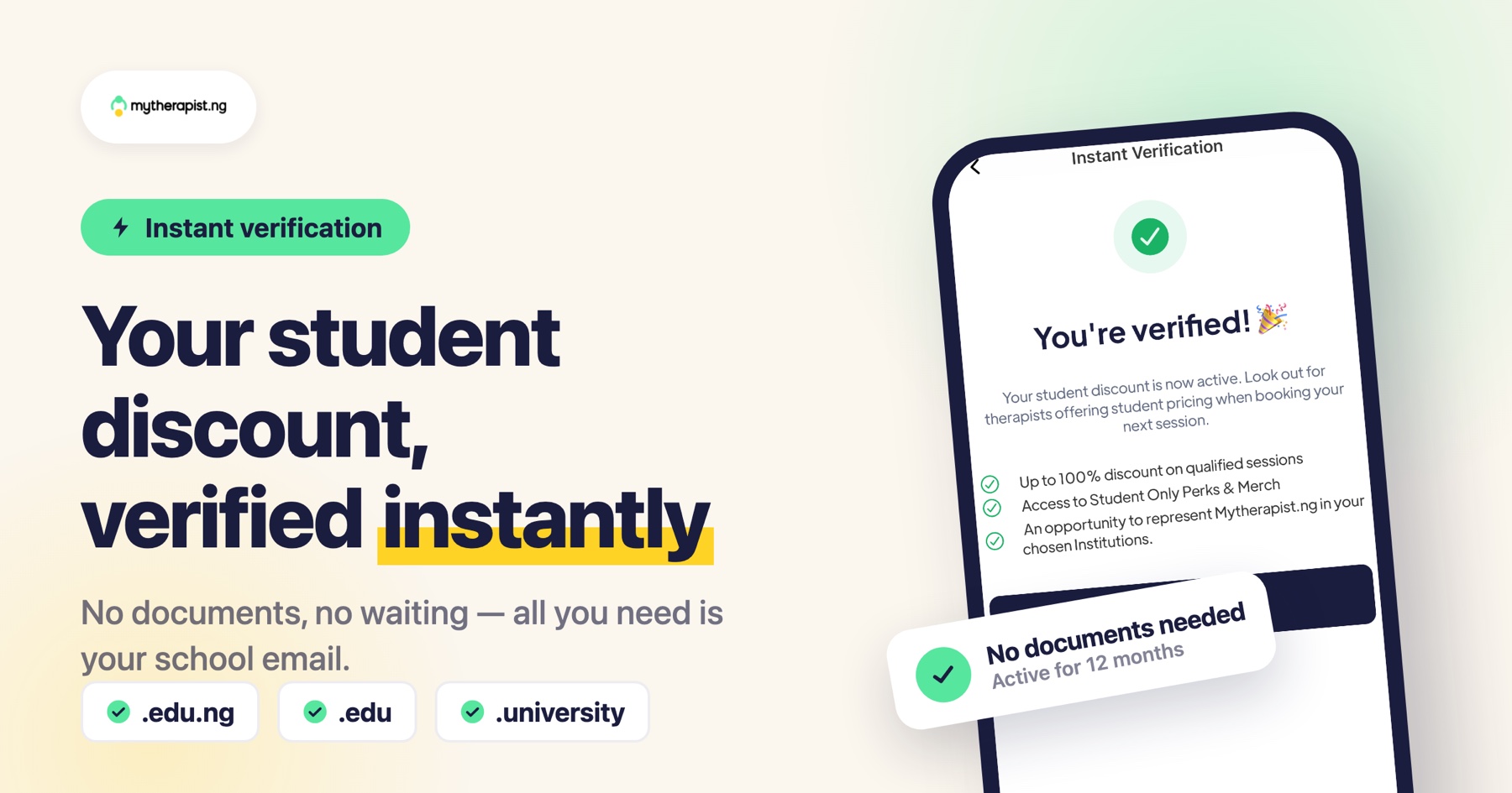 Banner: your student discount on Mytherapist.ng, verified instantly with your school email — no documents, active in minutes