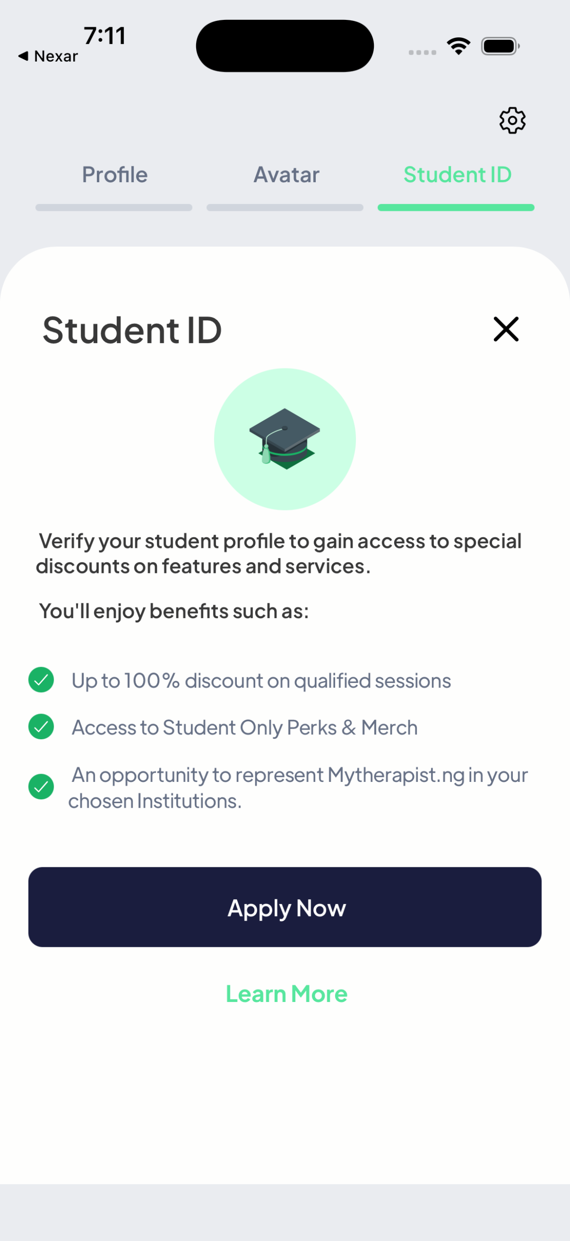Student ID tab on the Mytherapist.ng app showing student discount benefits and the Apply Now button
