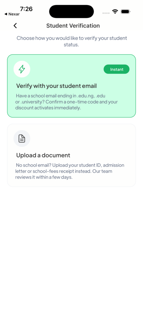 The Student Verification screen, offering instant verification with a student email or uploading a document