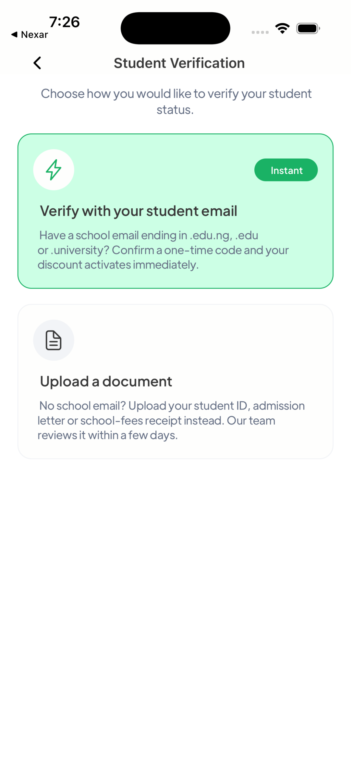 Student verification method screen on Mytherapist.ng with an Instant email verification option and a document upload option