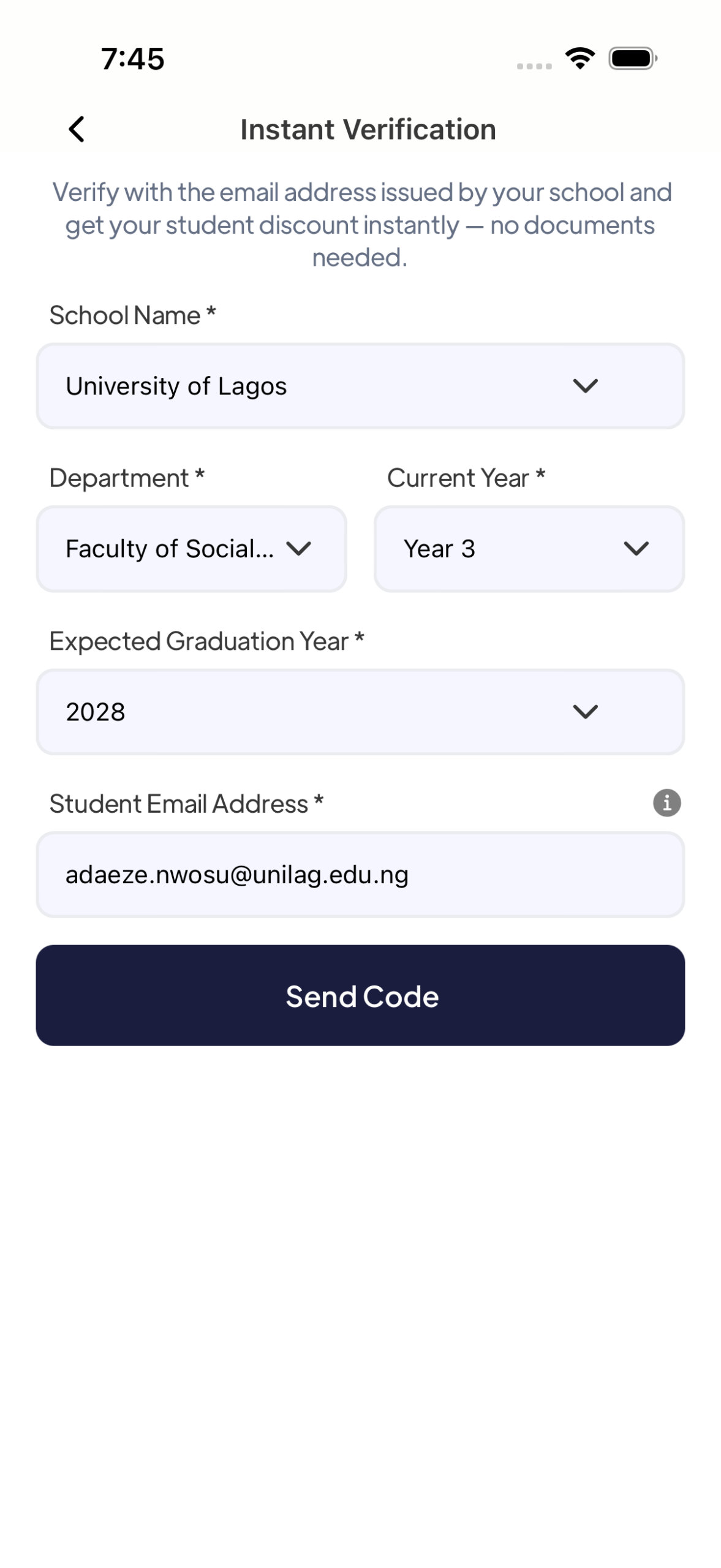 Instant student verification form on Mytherapist.ng filled with University of Lagos details and a student email address