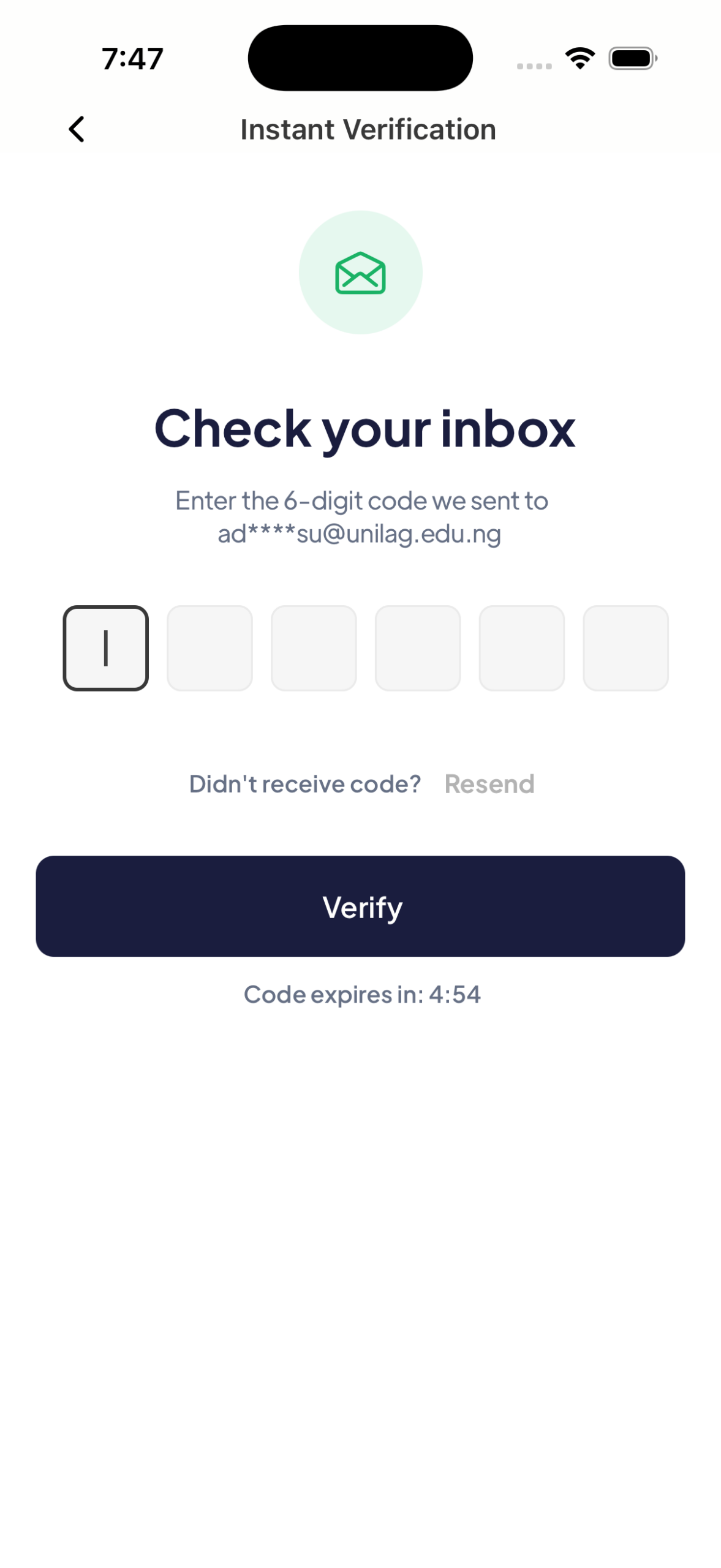 OTP verification screen on the Mytherapist.ng app asking for the 6-digit code sent to a student email address with an expiry countdown