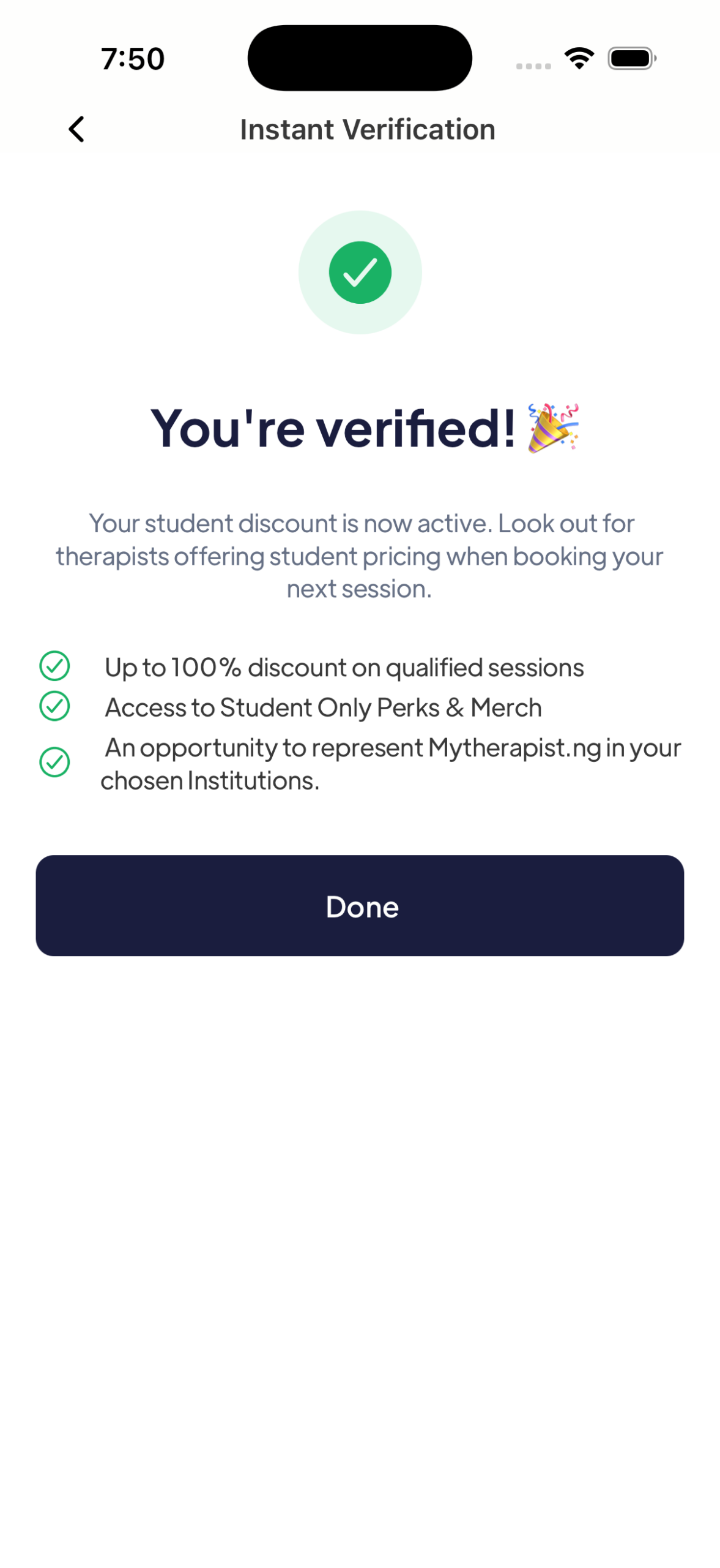 Success screen on Mytherapist.ng confirming instant student verification with the student discount now active