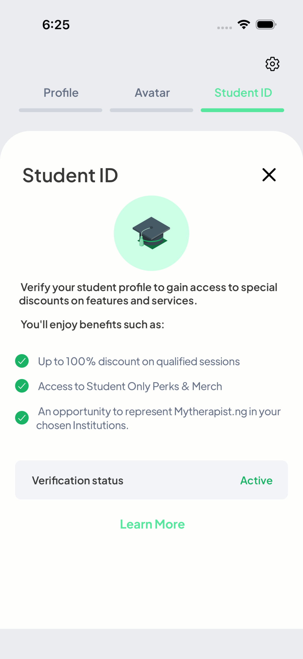 Student ID tab on Mytherapist.ng showing verification status Active after instant email verification