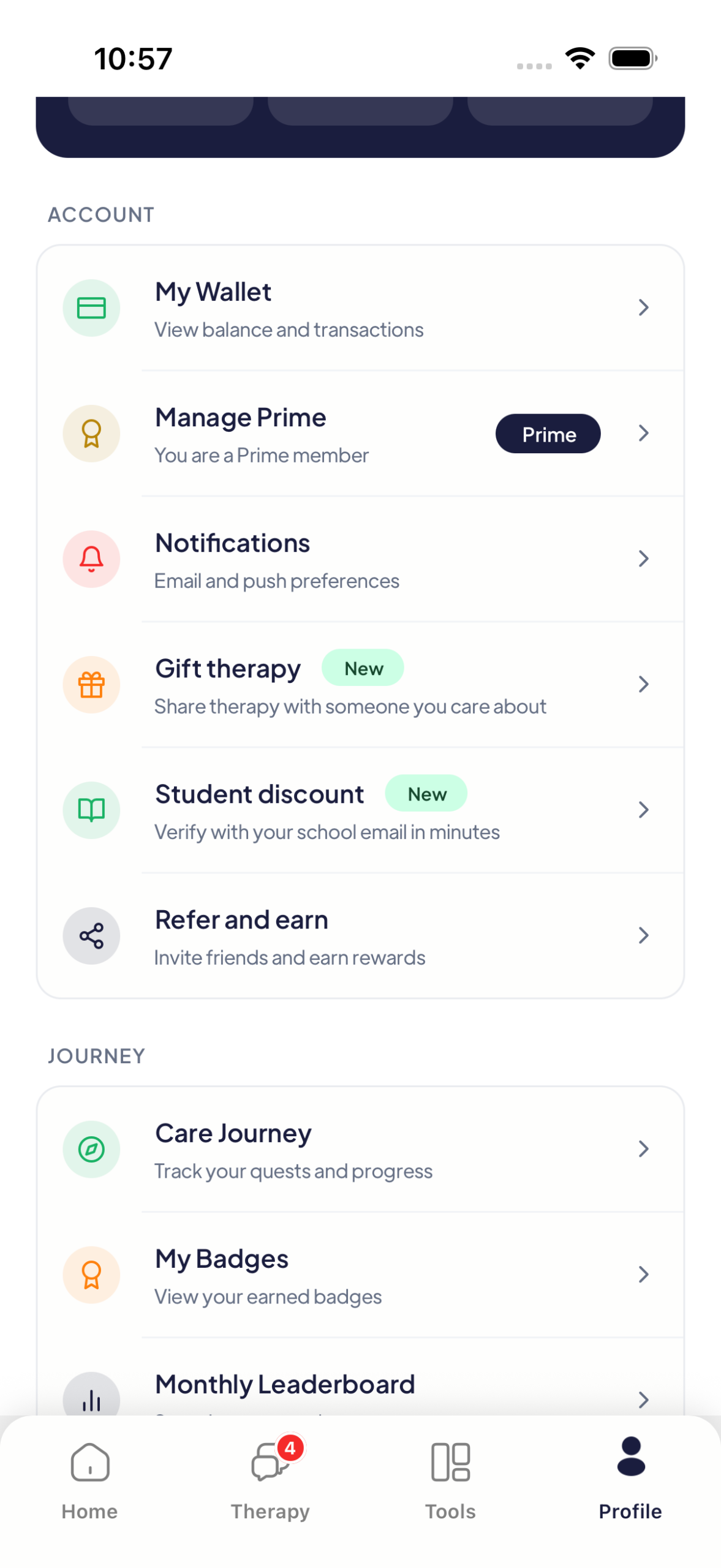Profile tab on the Mytherapist.ng app showing the new Student discount row with a New badge in the Account section