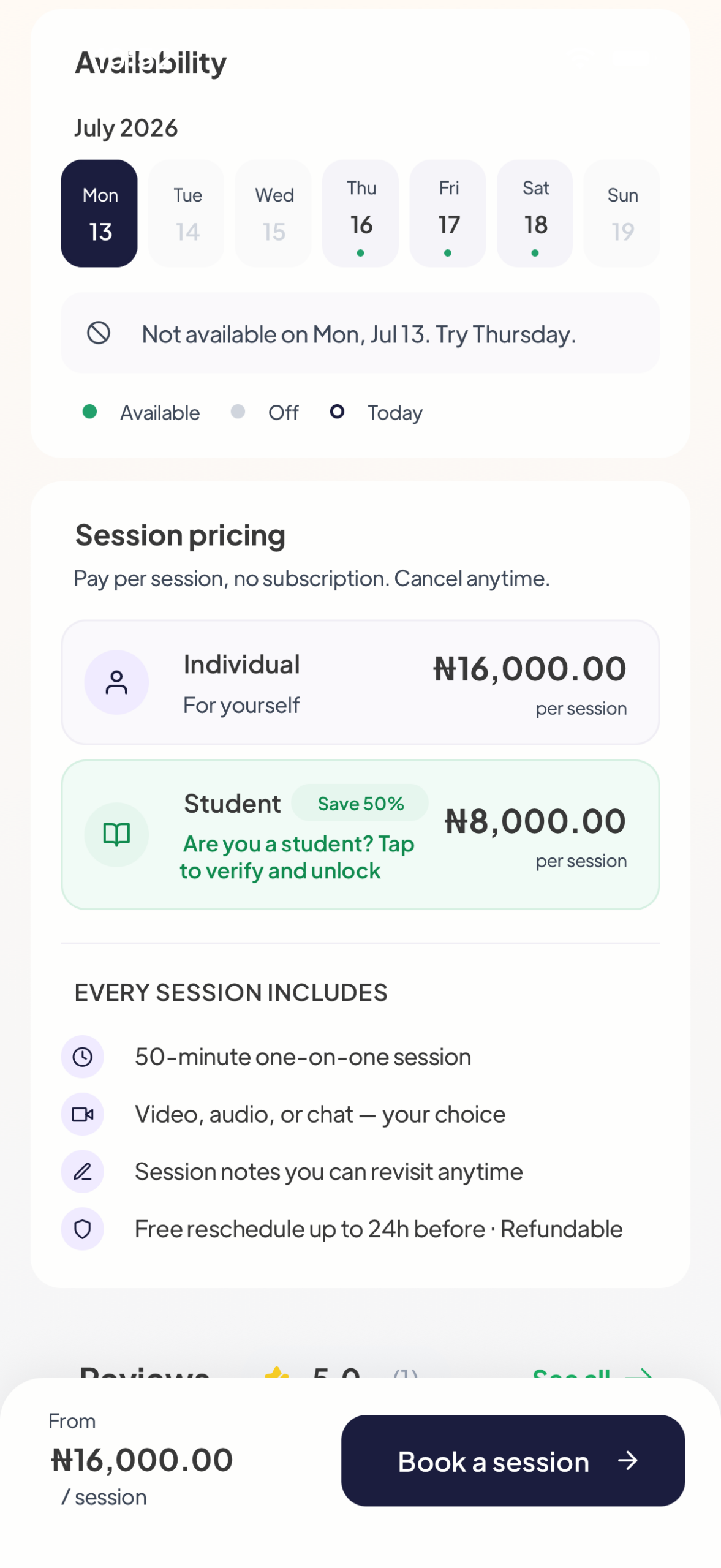 Therapist session pricing on Mytherapist.ng showing a student tier with Save 50% badge and a tap-to-verify prompt for unverified students