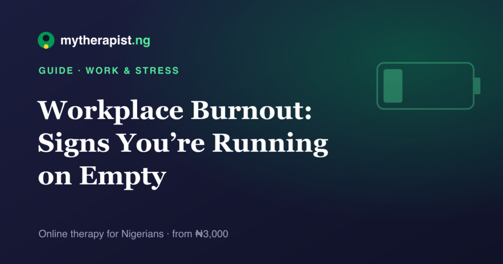 A low-battery illustration representing workplace burnout — Mytherapist.ng