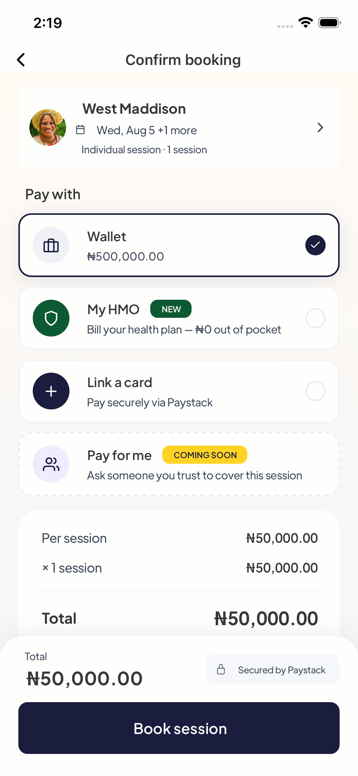 The Mytherapist.ng payment step showing Wallet, My HMO and card options, with My HMO marked NEW