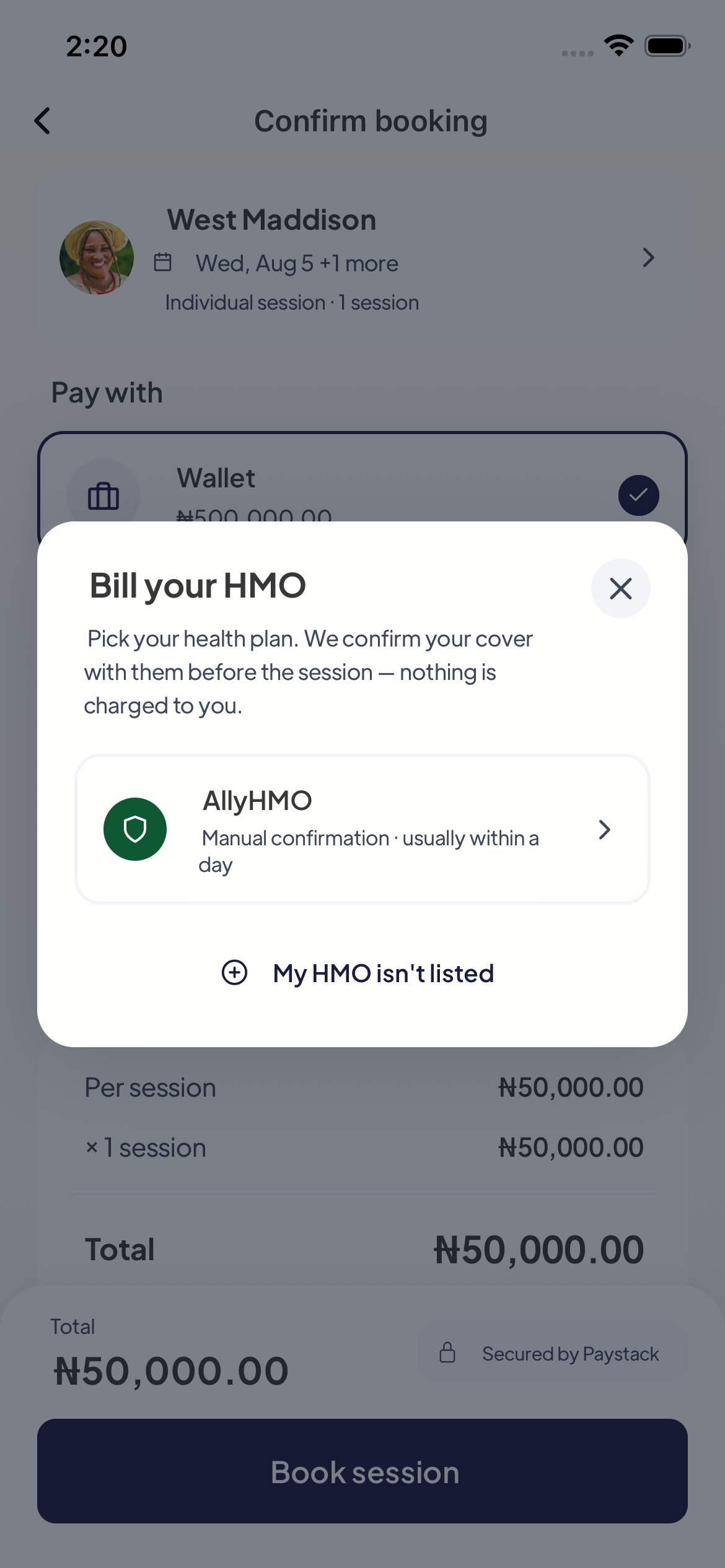 The HMO picker listing AllyHMO with 'Manual confirmation · usually within a day'