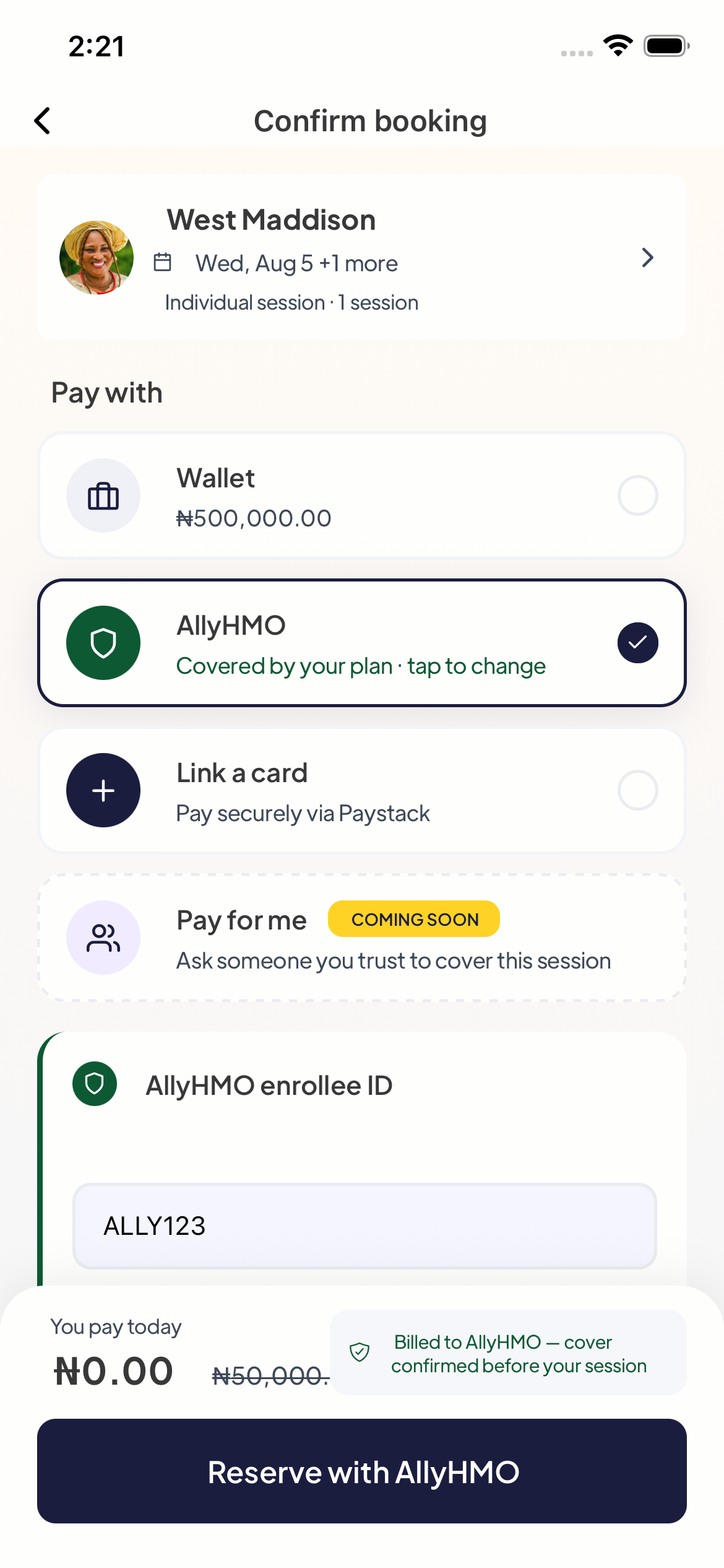 Checkout with AllyHMO selected: enrollee ID card, ₦0.00 'you pay today' footer and the Reserve button