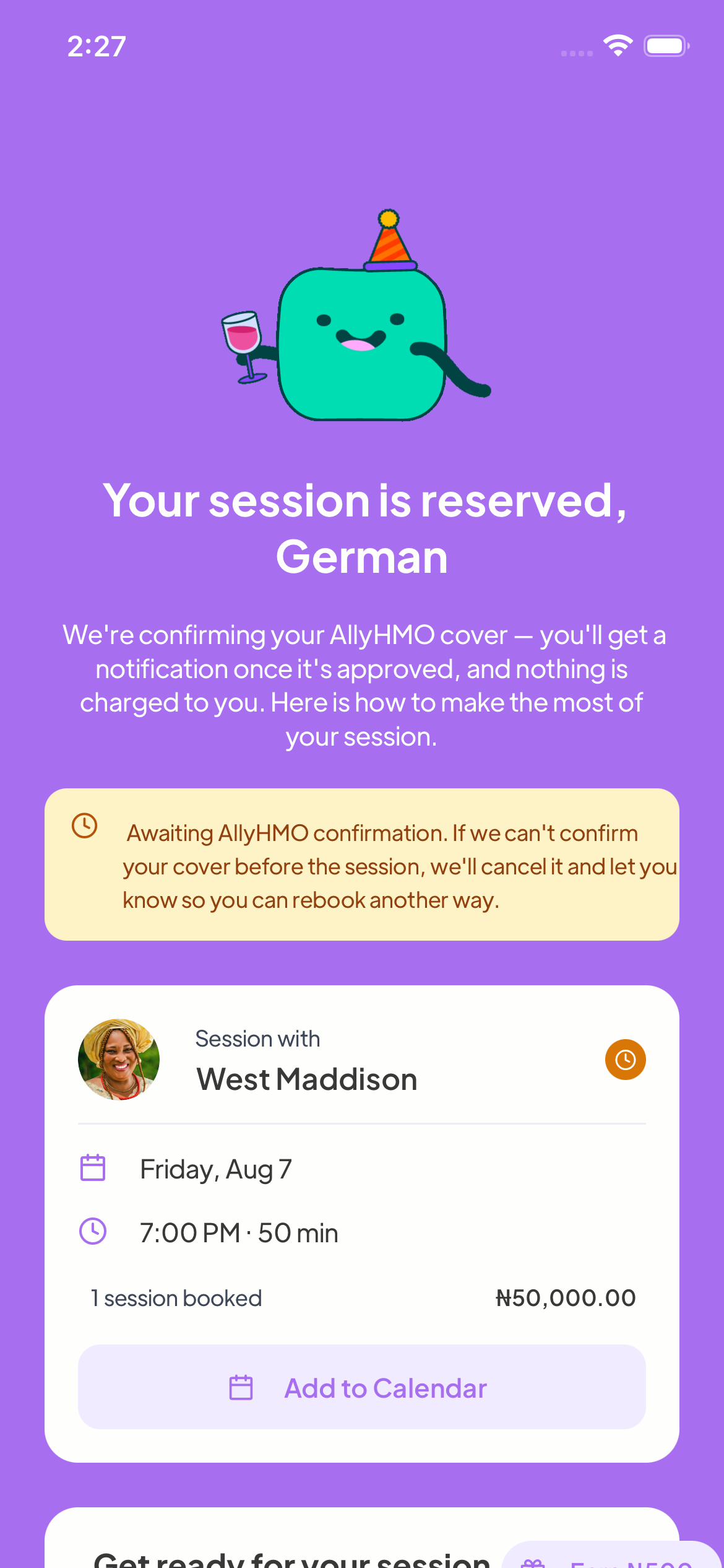 The booking success screen: 'Your session is reserved' with an AllyHMO confirmation in progress