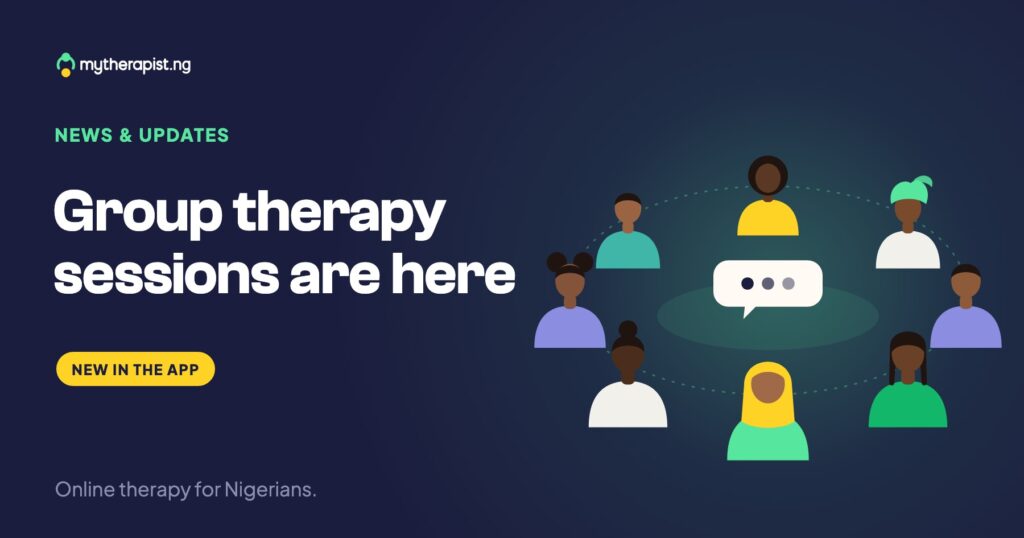 Illustration of eight people sitting in a circle around a speech bubble, next to the words "Group therapy sessions are here" and a "New in the app" sticker
