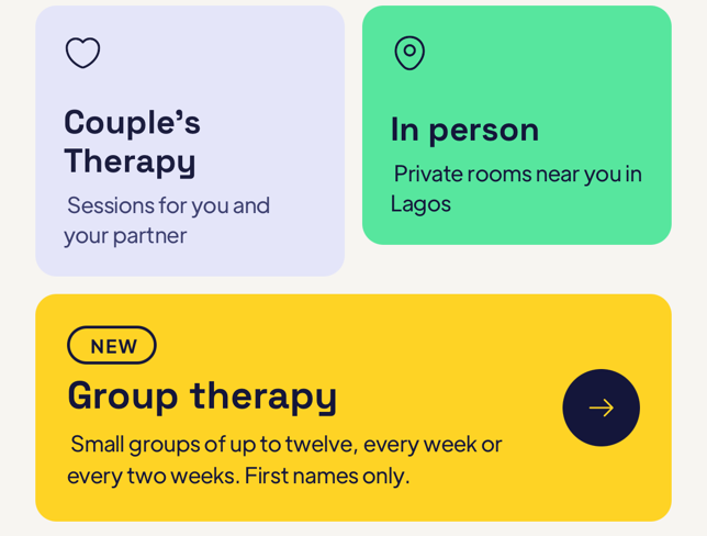 The Therapy tab in the Mytherapist.ng app, with the new Group therapy card under "Other ways to get support"