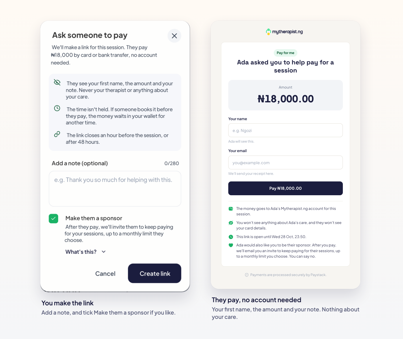 On the left, the Ask someone to pay screen in the Mytherapist.ng app with Make them a sponsor ticked. On the right, the page the person paying sees: Ada's first name, the amount and a Pay button