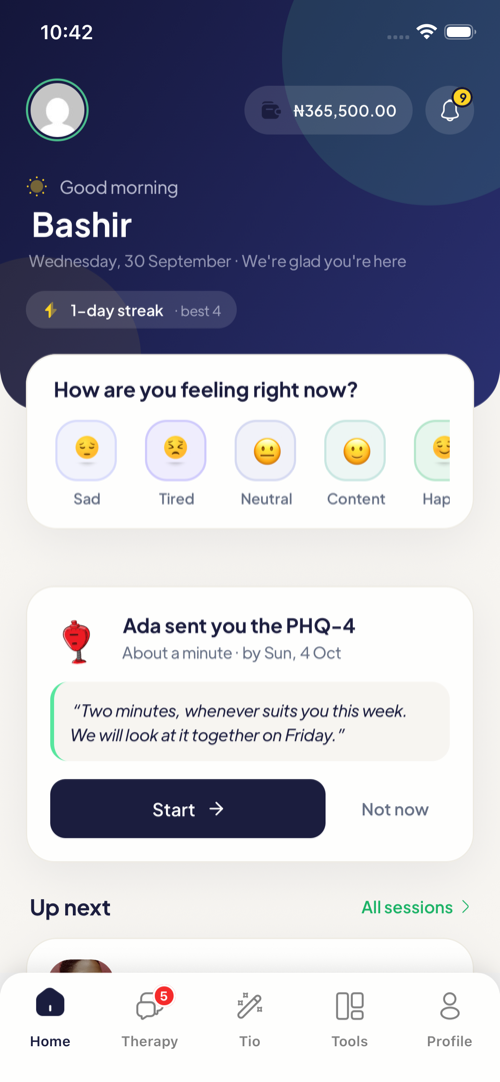 The questionnaire card on the Home screen of the Mytherapist.ng app, sent by a therapist