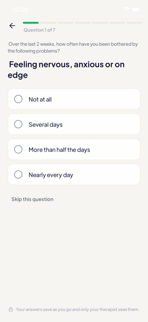 A questionnaire question in the app: one question per screen, with answers saving as you go