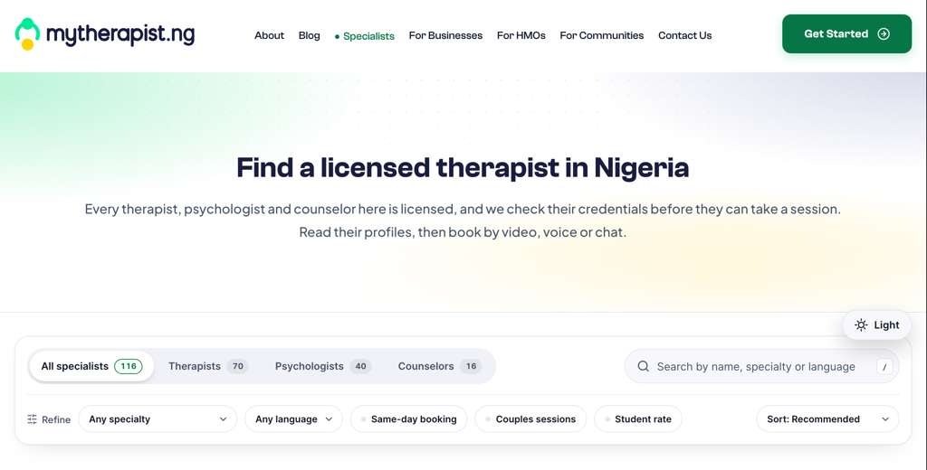 The specialists page on mytherapist.ng, with filters for profession, specialty, language, same-day booking, couples sessions and student rate