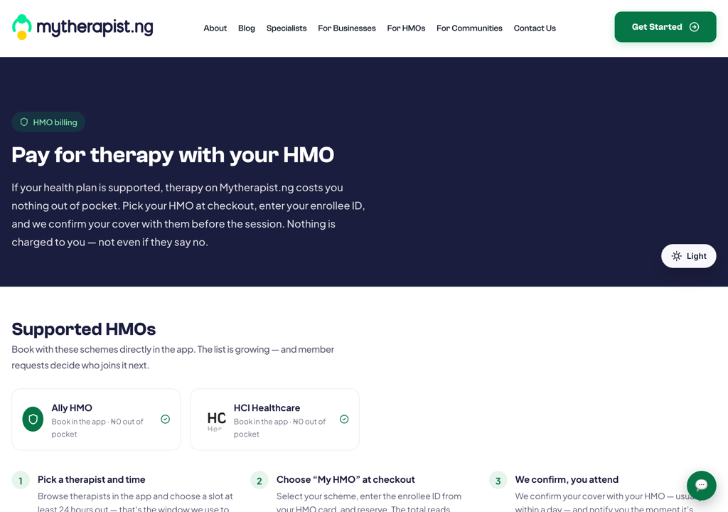 The supported HMOs page on mytherapist.ng, which lists the schemes we bill and takes requests for yours